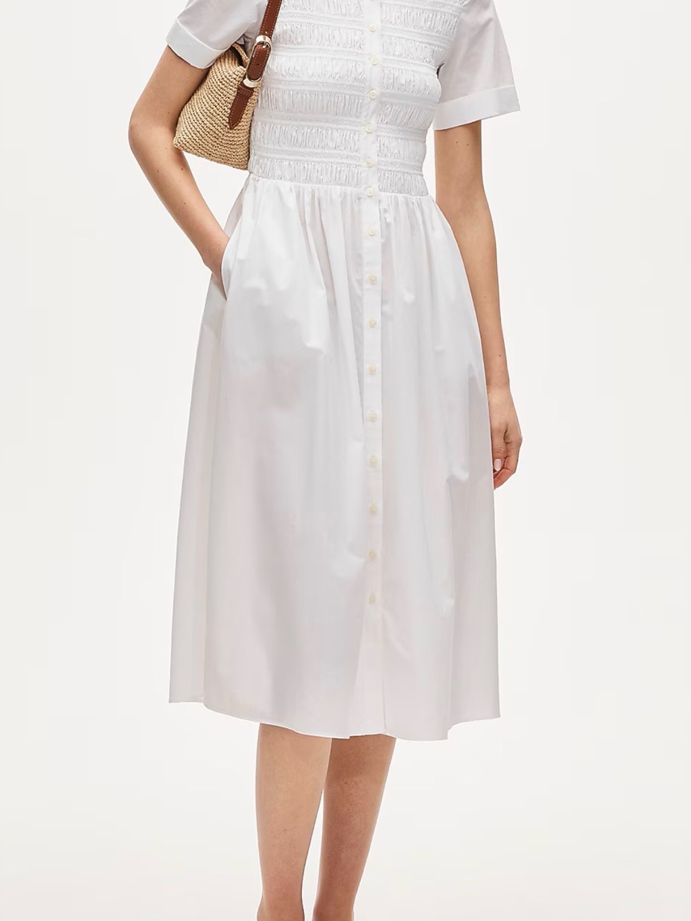 J. Crew Elsie White cotton Poplin shirt dress smocked modern preppy quiet luxury